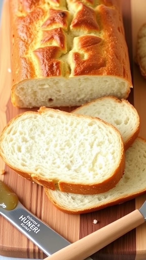 Sliced gluten-free yogurt bread on a cutting board with honey and a butter knife.